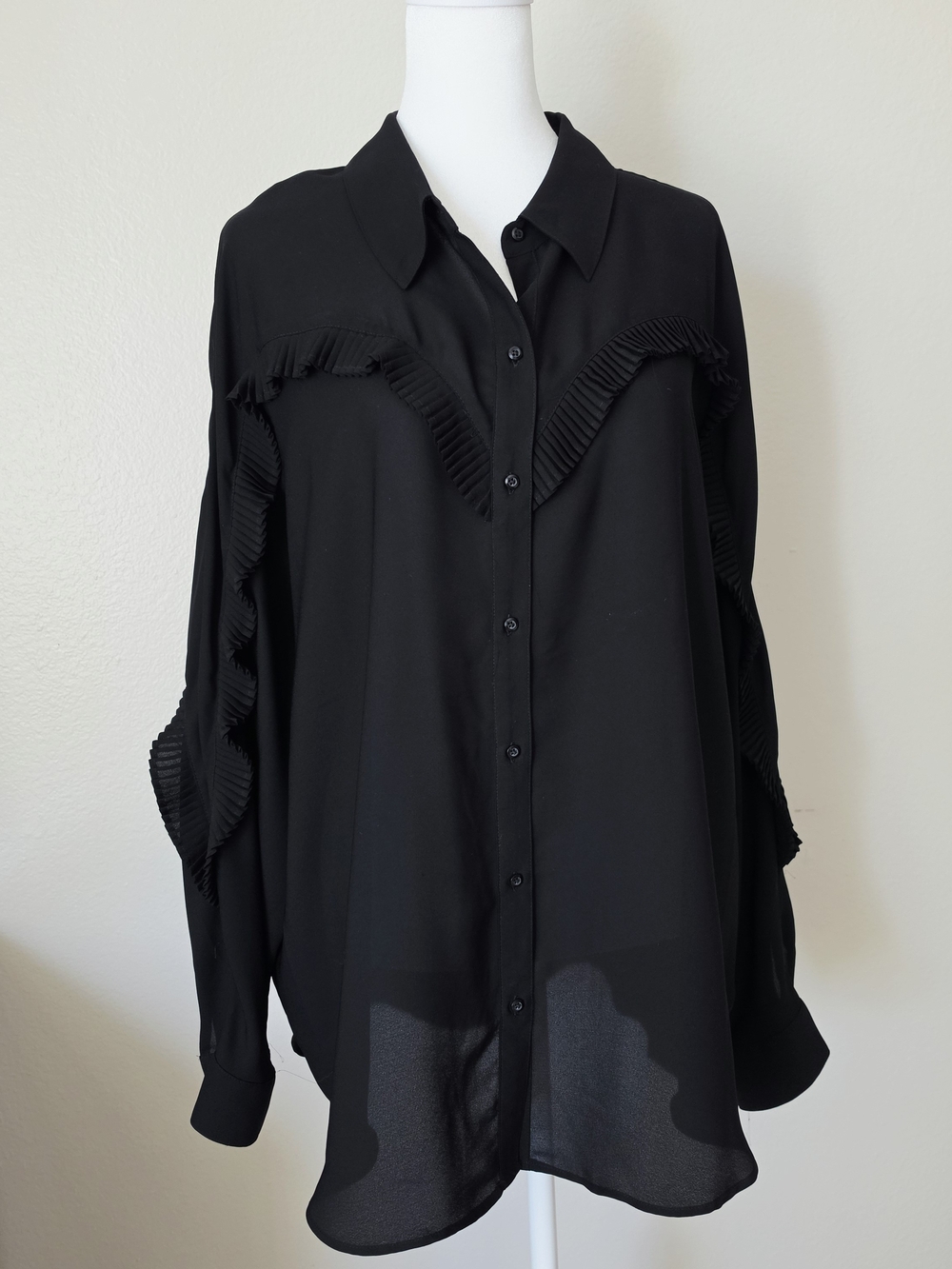 Express Black Pleated-Ruffle Button-Front Blouse
